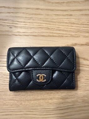 CHANEL Black Quilted Leather Compact Wallet with Gold CC